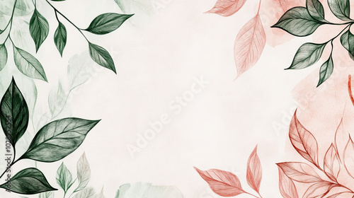 A botanical hand-drawn background featuring elegant leaf line art in watercolor, showcasing a harmonious blend of green and pink leaves and branches. 
