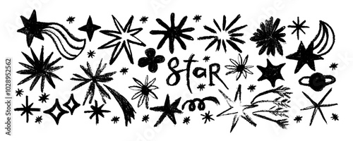 Set with doodle stars and comets. Hand drawn charcoal doodle magic stars. Childish style of meteoroid, comet and asteroid. 