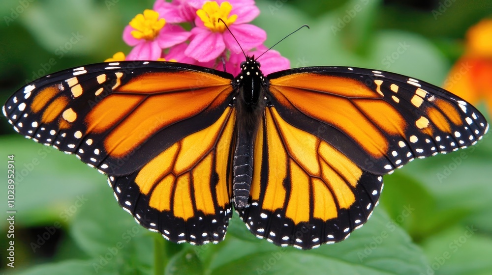 Fototapeta premium Vibrant Butterfly Resting on Colorful Flowers