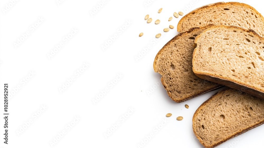 Slices of whole grain bread with scattered cereal seeds on a white background, highlighting healthy food choices or ingredients for baking. Slices of whole grain bread with scattered cereal seeds on a white background, highlighting healthy food choices or ingredients for baking.