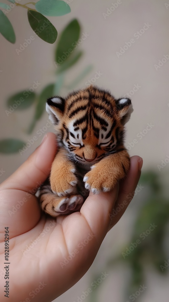 Obraz premium Cute Miniature Tiger Cub in Palm and Fingertip, Photo Realistic, Texture, Pattern Background, Wallpaper, Cover and Screen for Smartphone, PC, Laptop, 9:16 and 16:9 Format