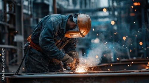 A stocky Black male engineer in overalls, welding a steel structure at a construction site.