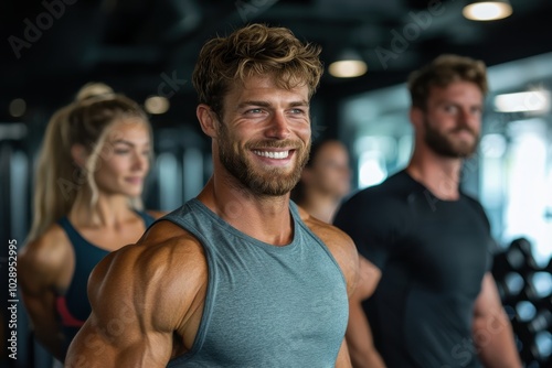 A group of smiling fitness enthusiasts working out together, radiating positivity and high energy in a lively gym environment filled with camaraderie and support. photo