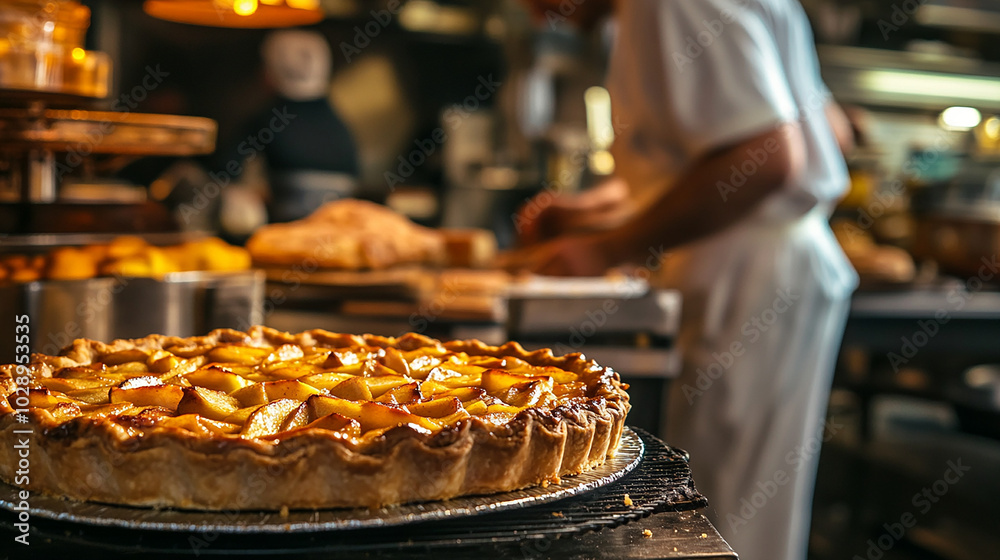 Freshly baked apple pie with a golden crust baker Freshly baked apple pie with a golden crust baker