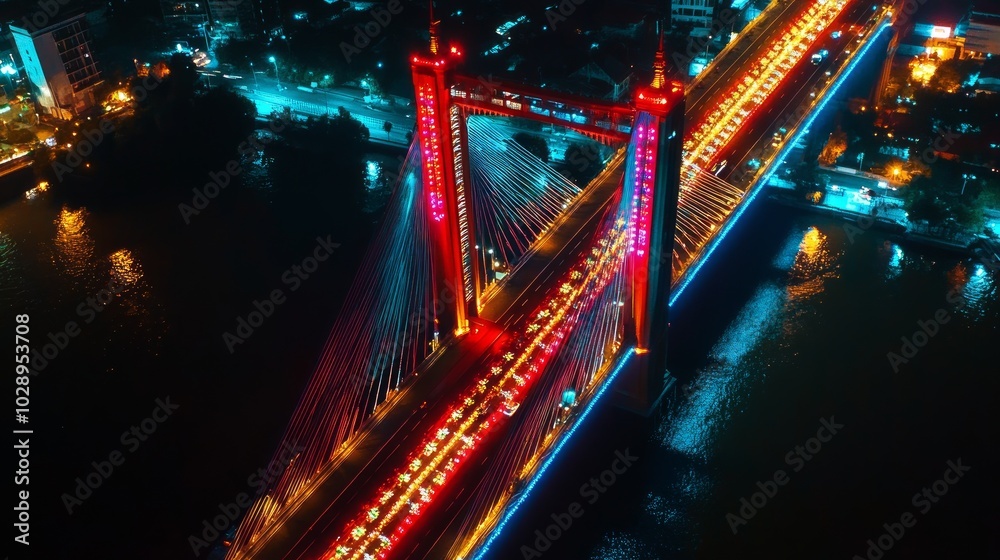 Obraz premium A brightly lit bridge spanning a river at night.