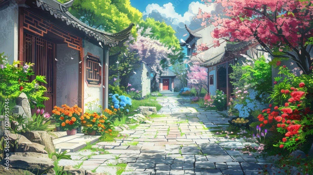 Fototapeta premium A serene courtyard with traditional architecture, vibrant red and pink flowers, and a large tree with red leaves. Sunlight filters through, creating a peaceful and picturesque scene.