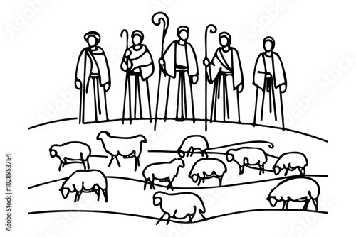 Merry Christmas shepherds and sheeps. Continuous one line drawing. Vector illustration