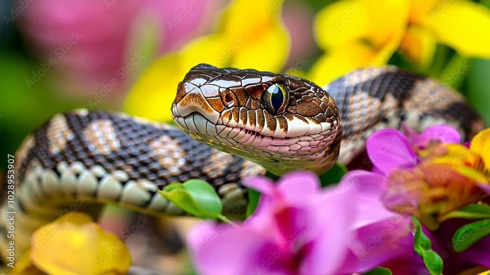 A close-up of a snake among vibrant flowers, showcasing nature's beauty and color. A close-up of a snake among vibrant flowers, showcasing nature's beauty and color.