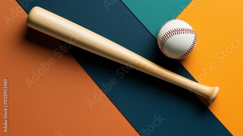 Wooden baseball bat and ball on a colorful geometric background with orange, teal, and dark blue sections, creating a vibrant sports-themed composition photo