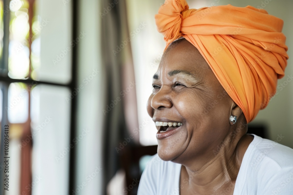 A woman wearing an orange scarf is smiling. She is happy and content. The scarf is a bright orange color, which adds to the cheerful mood of the image