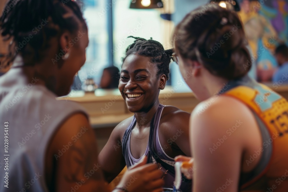 Three women are smiling and laughing together at a restaurant. They are wearing tank tops and seem to be enjoying each other's company Three women are smiling and laughing together at a restaurant. They are wearing tank tops and seem to be enjoying each other's company