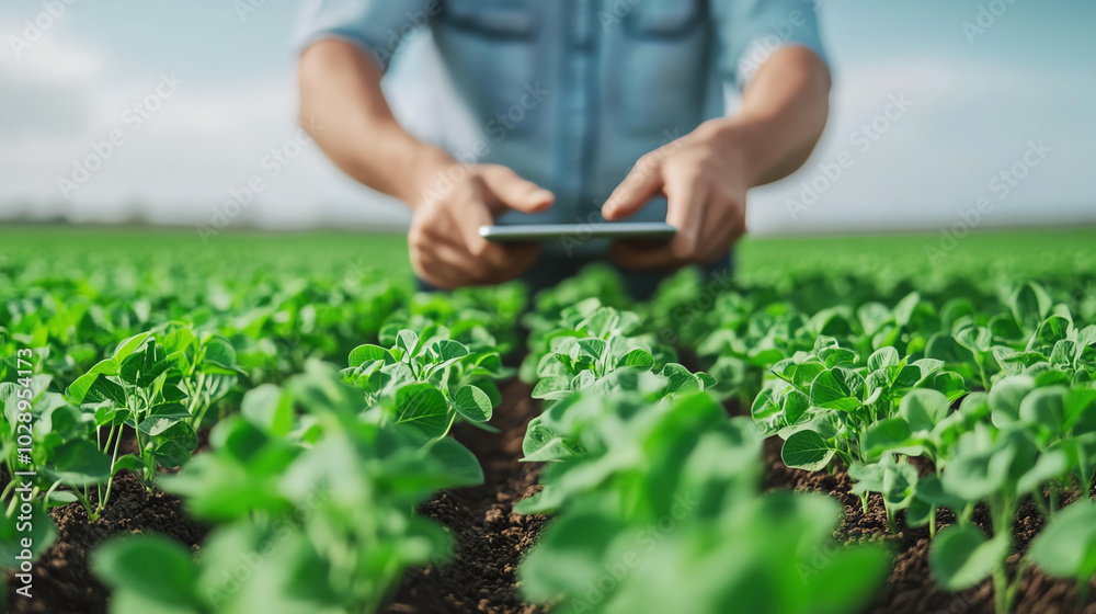 A close-up view of a farmer using a tablet in a green field, surrounded by healthy crops under a clear blue sky.