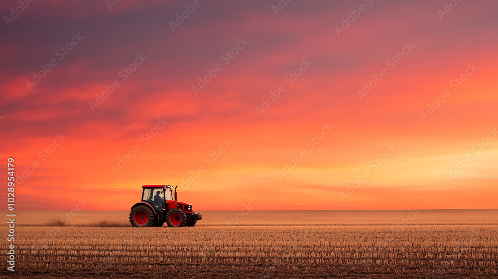 A bright red tractor plowing through a vast golden field under a spectacular sunset sky, showcasing the beauty of rural life and agriculture. A bright red tractor plowing through a vast golden field under a spectacular sunset sky, showcasing the beauty of rural life and agriculture.