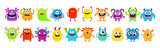 Monster set line. Colorful silhouette monsters. Happy Halloween. Cute kawaii cartoon funny boo character. Different face. Teeth, eyes, horns, hands. Childish style. Flat design White background Vector