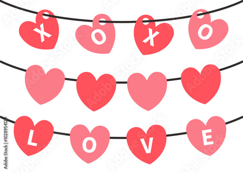 Four red pink heart set hanging garland. XOXO, LOVE. Happy Valentines Day greeting card, invitation, banner template. Love sticker. Hearts decoration. Romantic icon Flat design White background Vector
