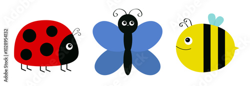 Bee bumblebee, butterfly, lady bug ladybird flying insect icon set. Cute cartoon kawaii funny baby character. Ladybug. Valentines Day. Sticker print. Childish style Flat design White background Vector