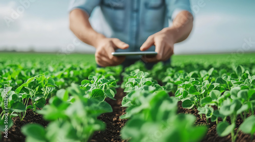Obraz na płótnie A close-up view of a farmer using a tablet in a green field, surrounded by healthy crops under a clear blue sky. w salonie