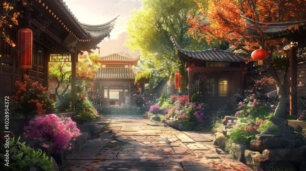 A serene courtyard with traditional architecture, vibrant red and pink flowers, and a large tree with red leaves. Sunlight filters through, creating a peaceful and picturesque scene. A serene courtyard with traditional architecture, vibrant red and pink flowers, and a large tree with red leaves. Sunlight filters through, creating a peaceful and picturesque scene.