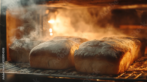 Freshly baked bread being pulled from the oven by a baker