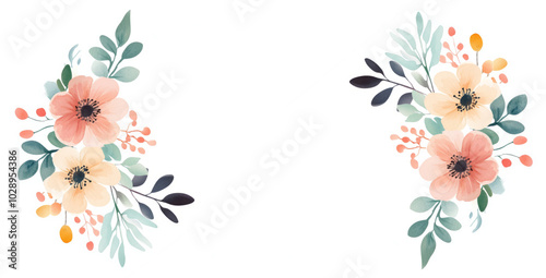 Watercolor floral frame on white background for invitations.