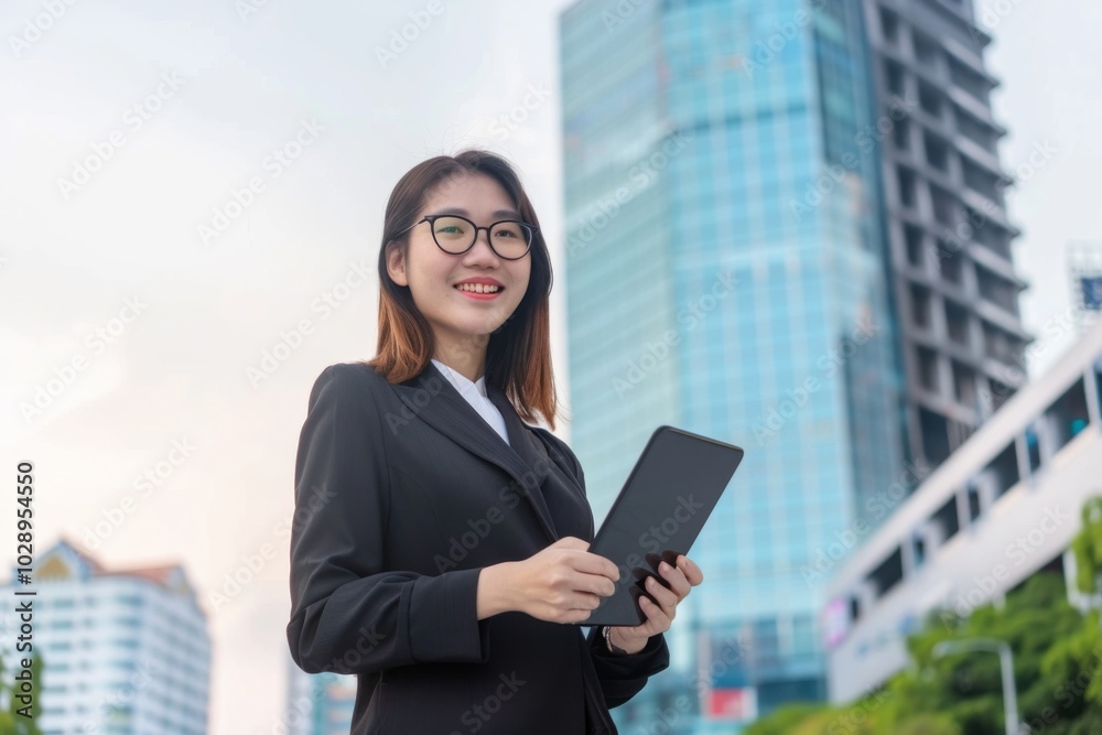 A woman wearing glasses and a black suit holding a tablet. She is smiling and she is happy A woman wearing glasses and a black suit holding a tablet. She is smiling and she is happy