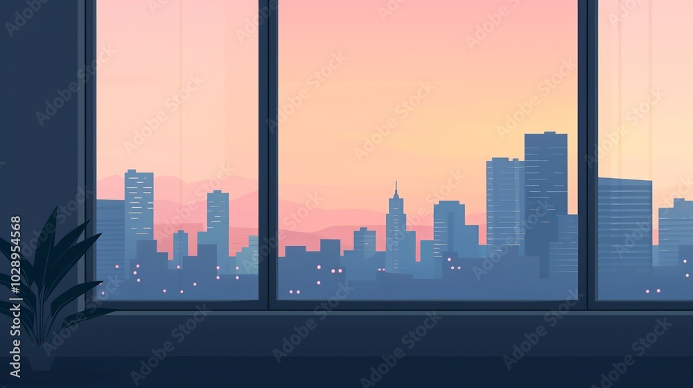 Cityscape through the Window: Through the room window, observe a cityscape with large, grand buildings. The modern city's charm is visible, both in daylight and under night lights. High resolution Cityscape through the Window: Through the room window, observe a cityscape with large, grand buildings. The modern city's charm is visible, both in daylight and under night lights. High resolution