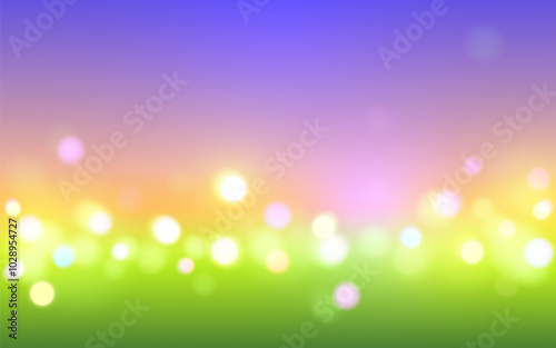 Dreamy Sunset Bokeh with Soft Green Field, Blurred Light Effect of Sunset Colors in Pastel Shades. Background decoration