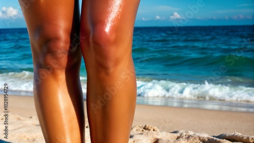 Close-up of woman's tanned legs on the sandy beach, enjoying sunlight by the ocean 