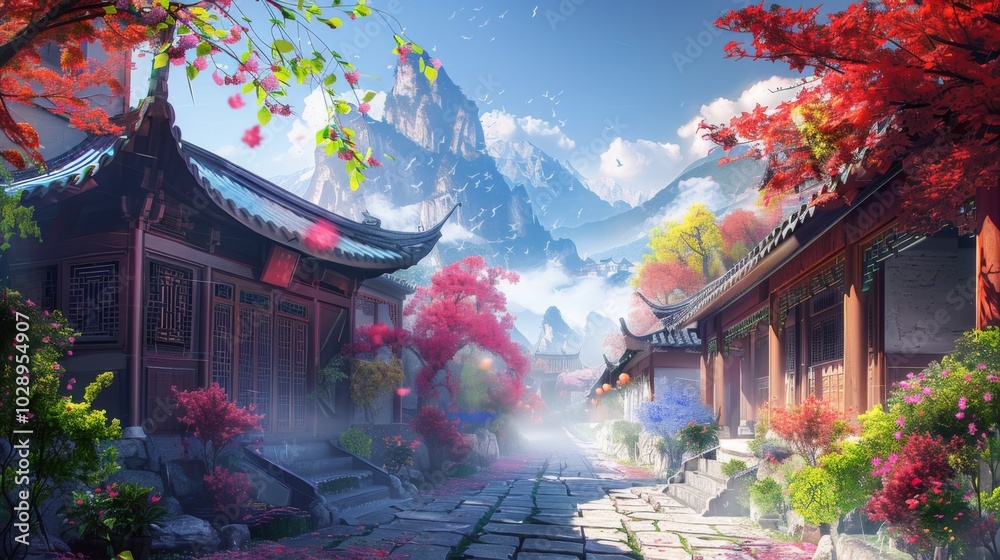 A serene courtyard with traditional architecture, vibrant red and pink flowers, and a large tree with red leaves. Sunlight filters through, creating a peaceful and picturesque scene. A serene courtyard with traditional architecture, vibrant red and pink flowers, and a large tree with red leaves. Sunlight filters through, creating a peaceful and picturesque scene.