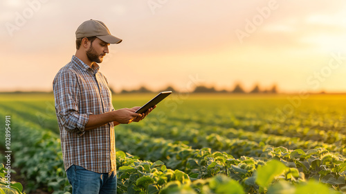 A farmer using a tablet to monitor crops in a lush green field during sunset, showcasing the integration of technology in agriculture for better farming practices.