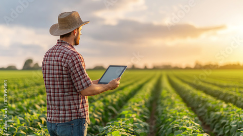 A farmer using a tablet to monitor crops in a lush green field during sunset, showcasing the integration of technology in agriculture.