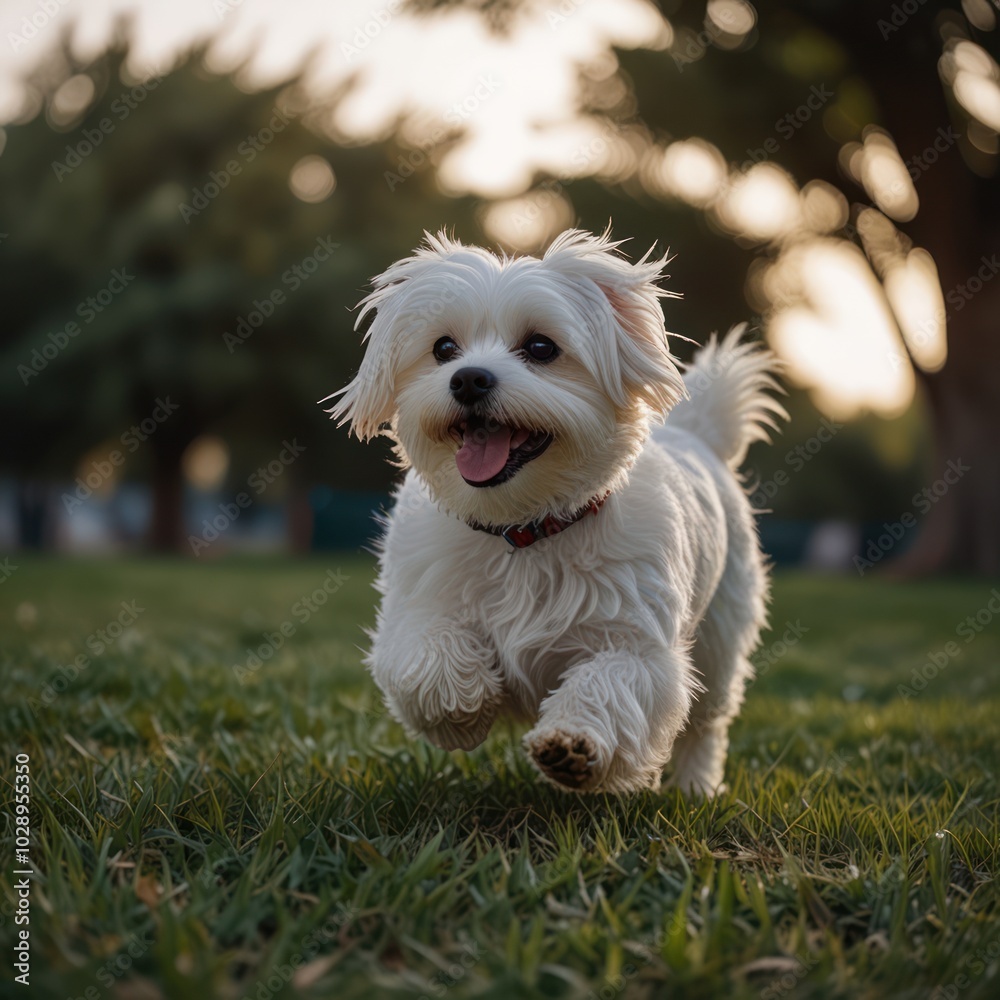 A happy white dog runs towards the camera with a wagging tail and an open mouth in a grassy park.