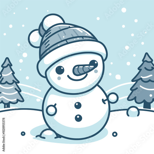 Cute smiling snowman with hat on background of fir trees. Vector illustration.