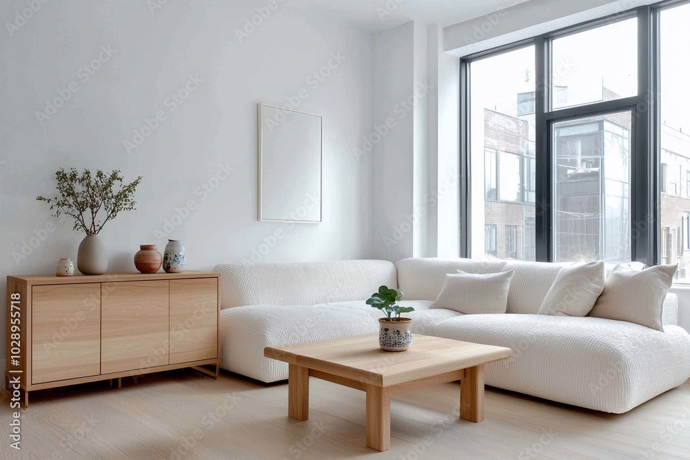 Fototapeta premium Minimalist, modern Scandinavian interiors in the living room with white-finished walls and sofas and wood cabinets and tables. Generative AI 