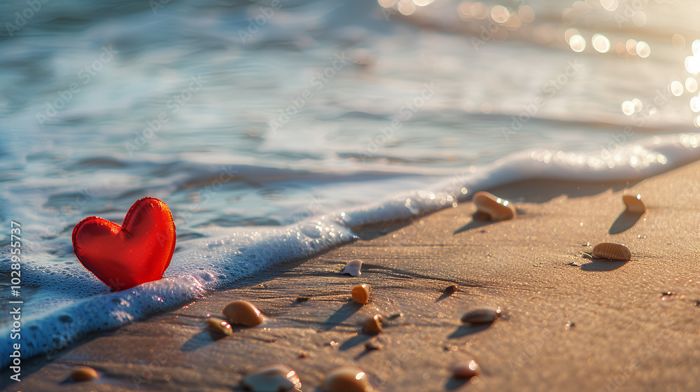 Fototapeta premium A red heart-shaped object rests on a sandy beach with waves and seashells.