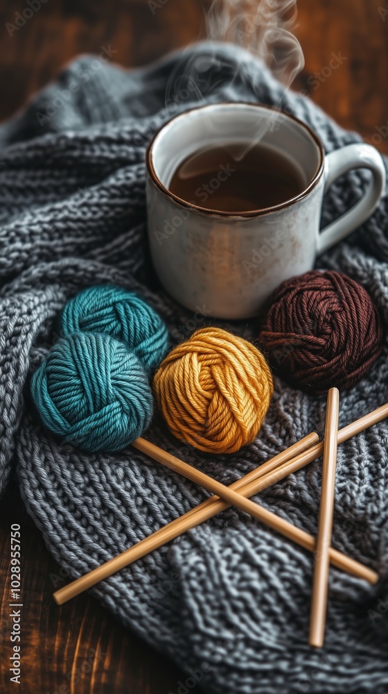 Cozy still life featuring colorful yarn, knitting needles, and a warm beverage arranged on a rustic wooden table, perfect for craft blogs and DIY projects. Creative concept Cozy still life featuring colorful yarn, knitting needles, and a warm beverage arranged on a rustic wooden table, perfect for craft blogs and DIY projects. Creative concept