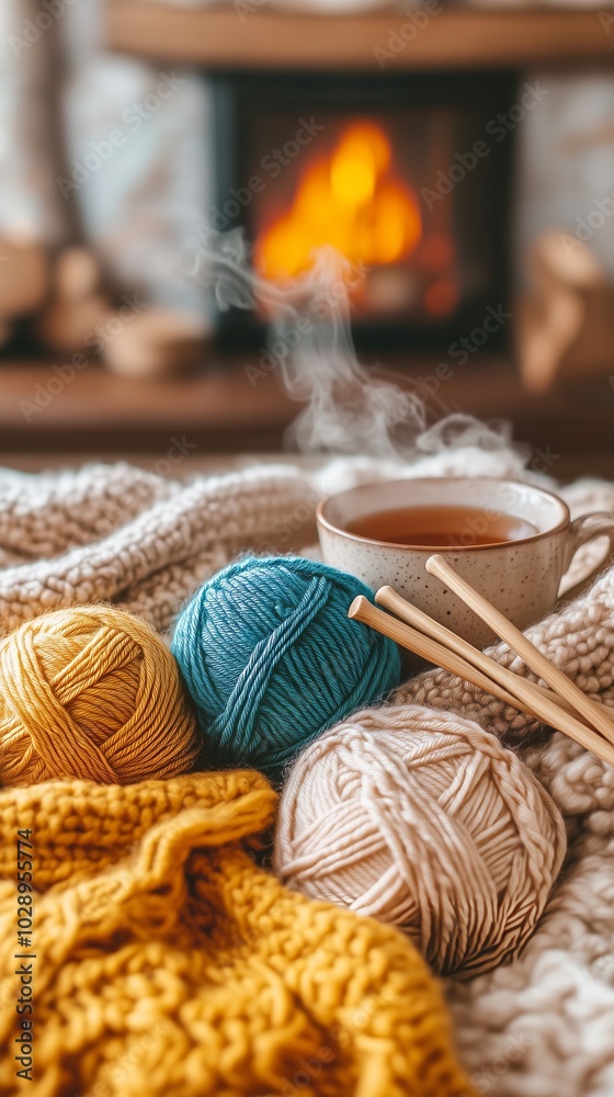 Cozy still life featuring knitting yarn and a hot drink beside a crackling fireplace, perfect for relaxation during winter and autumn. Home comfort concept Cozy still life featuring knitting yarn and a hot drink beside a crackling fireplace, perfect for relaxation during winter and autumn. Home comfort concept