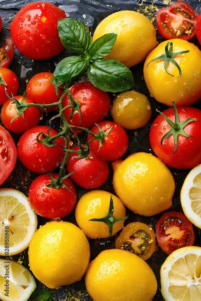 a layout of juicy cherry tomatoes and lemons a layout of juicy cherry tomatoes and lemons
