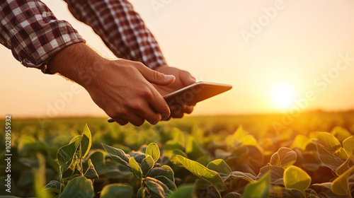 Hands holding a smartphone in a lush green field during sunset, representing the fusion of technology and agriculture. photo