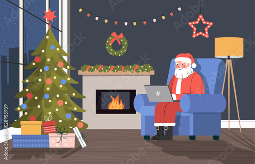 Living room Christmas interior. Santa Claus look at a laptop in the chair. Vector flat  cartoon illustration
