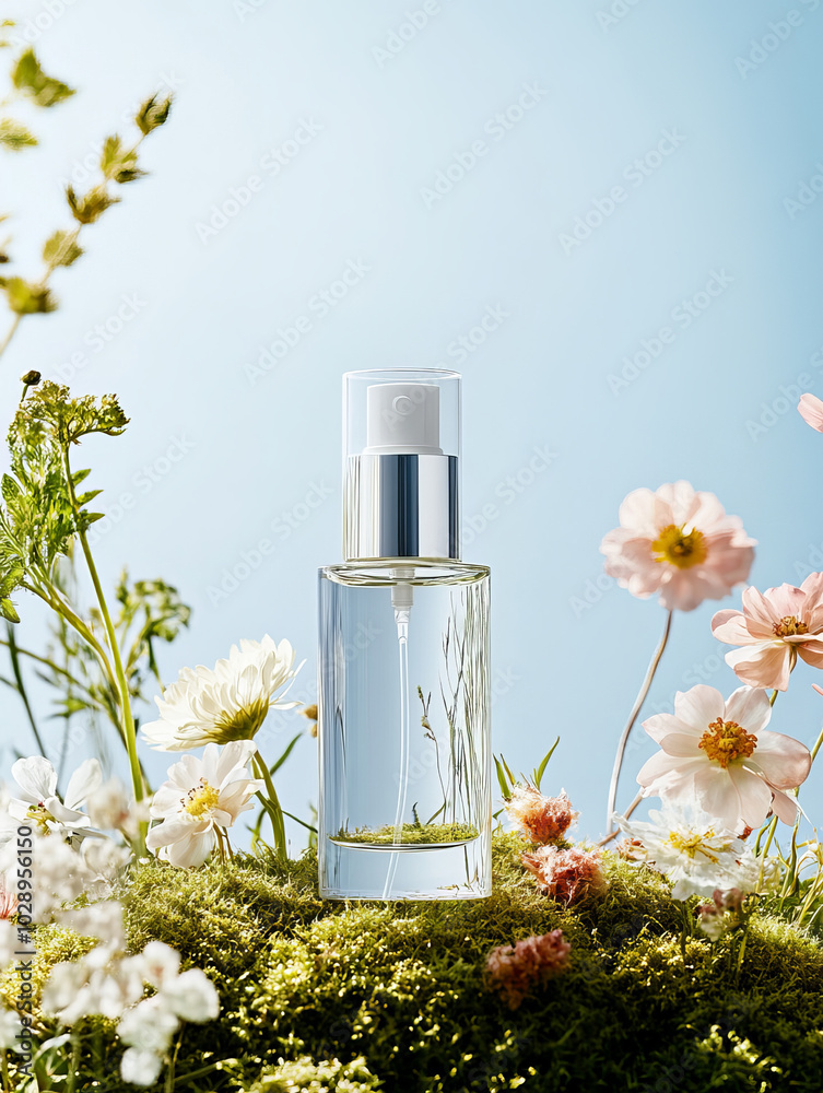 A clear perfume bottle surrounded by vibrant flowers and greenery, evoking sense of freshness and nature. soft blue background enhances serene atmosphere, making it perfect for beauty and fragrance th A clear perfume bottle surrounded by vibrant flowers and greenery, evoking sense of freshness and nature. soft blue background enhances serene atmosphere, making it perfect for beauty and fragrance th