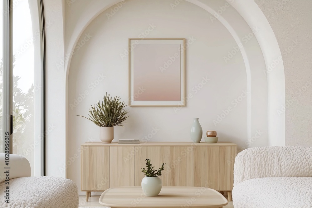 Fototapeta premium A modern Scandinavian interior in the living room, with minimalist, sofa and wood cabinetry and accentuated by arched construction. Generative AI 