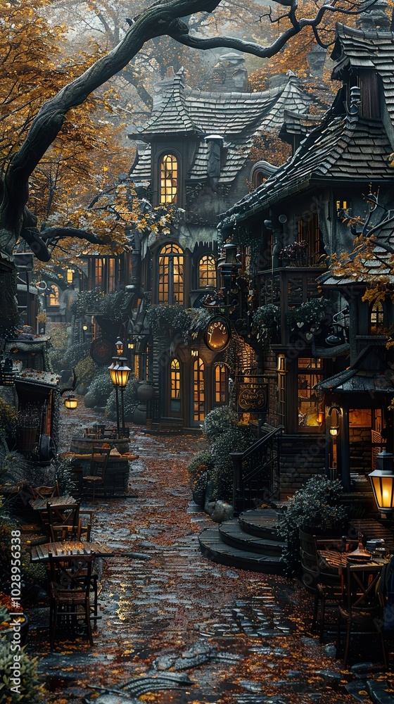 Fototapeta premium Enchanted Medieval Town Street at Night - Fantasy Architecture