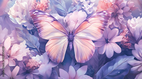 An Elegant Circular Frame Illustrating a Stunning Butterfly Surrounded by a Lush Display of Vibrant Flowers in Soft Pastel Shades