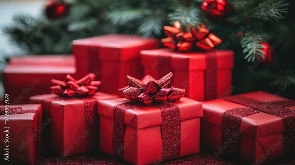 Bright Red Gift Boxes Under a Christmas Tree Bright Red Gift Boxes Under a Christmas Tree