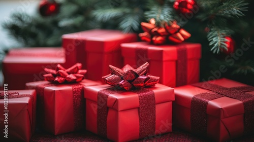 Bright Red Gift Boxes Under a Christmas Tree