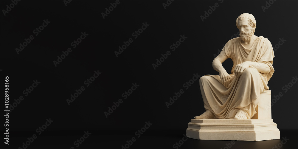 White marble statue of a philosopher sitting and contemplating on black background White marble statue of a philosopher sitting and contemplating on black background