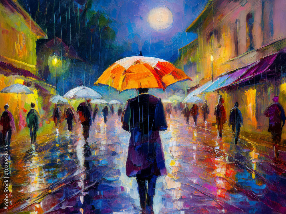 Naklejka premium Reflections in the Rain: A Serene Walk Through the City in Oil Paint