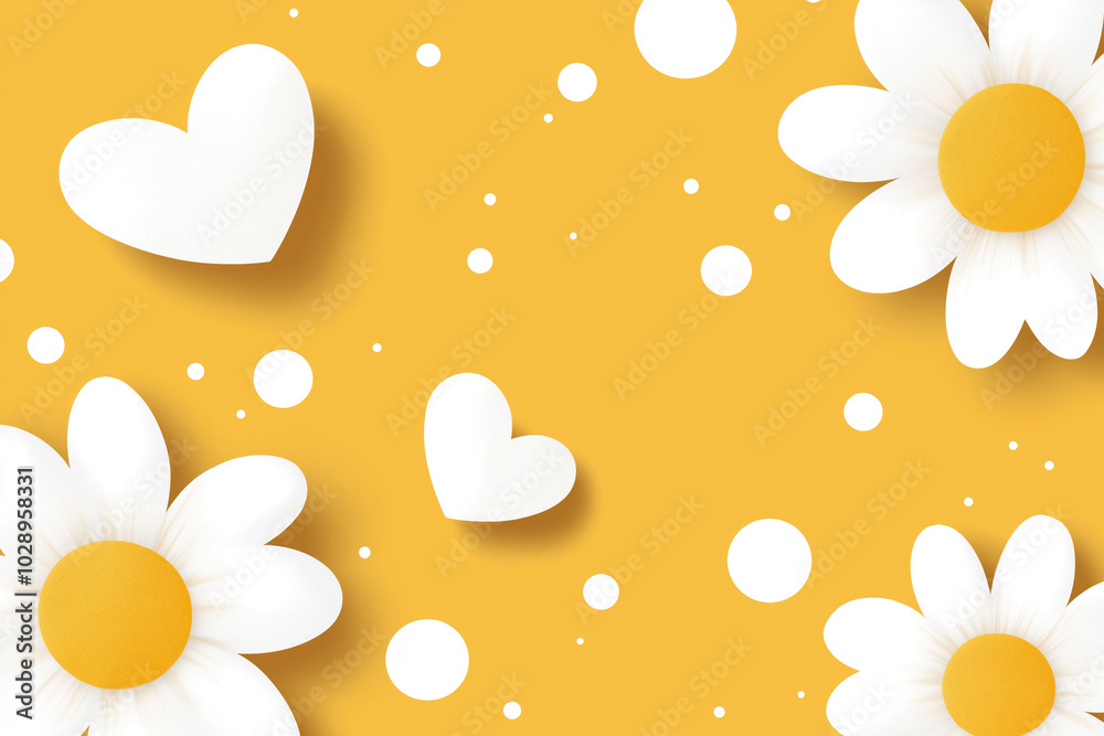 Bright yellow background featuring white daisies and heart shapes for cheerful decoration Bright yellow background featuring white daisies and heart shapes for cheerful decoration