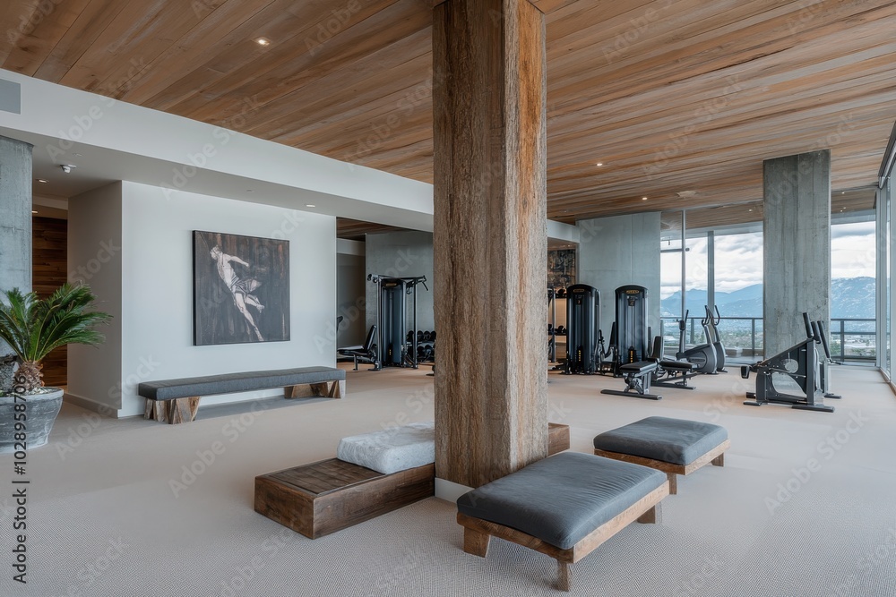 Fototapeta premium This expansive gym combines modern exercise equipment with elegant design elements, featuring large windows and natural tones for an inspiring workout space.